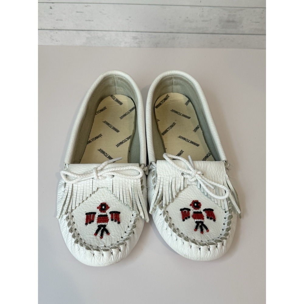 MINNETONKA White Leather Beaded Thunderbird Indian Moccasins Loafers Women's 9 - Picture 2 of 4